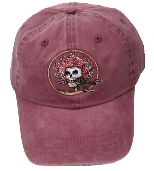 Skull and Roses Embroidered Baseball Hat on Maroon