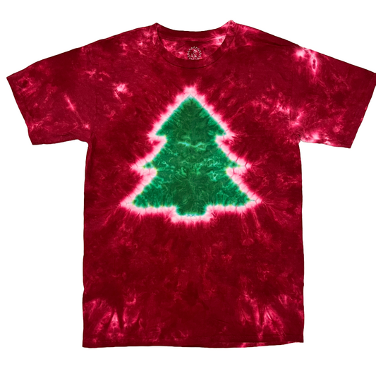 Green Tree on Red Tie Dye