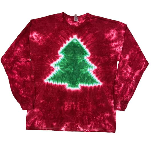 Green Tree on Red Long Sleeve Tie Dye