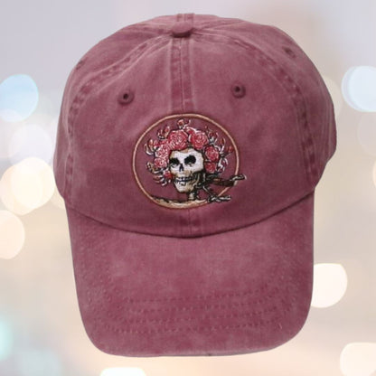 Skull and Roses Embroidered Baseball Hat on Maroon