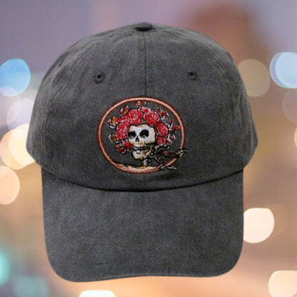 Skull and Roses Embroidered Baseball Hat on Grey