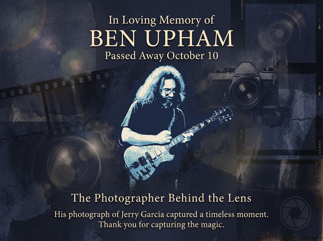 In loving memory of Ben Upham, passed away October 10. His photograph of Jerry Garcia playing guitar, surrounded by film strips and vintage cameras.