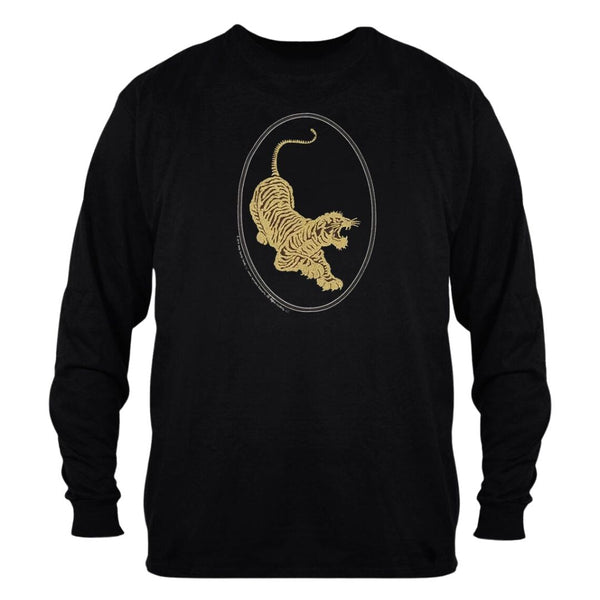 knee length dresses for ladies Jerry Garcia Tiger Guitar Long Sleeve, Gold Ink On Black