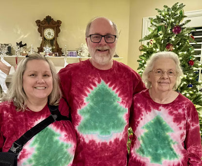 Green Tree on Red Long Sleeve Adult Tie Dye