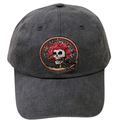 Skull and Roses Embroidered Baseball Hat on Grey