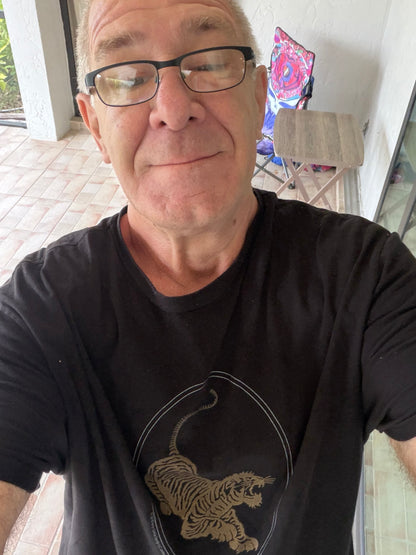 Jerry Garcia Tiger-Guitar shirt. Gold ink on Black